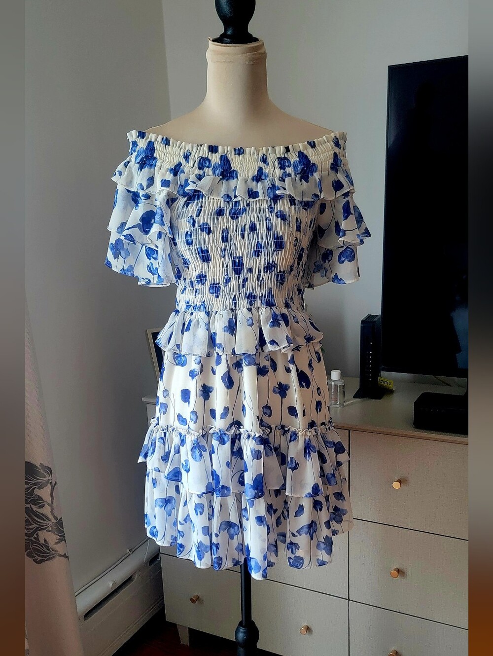 MISA Los Angeles Marion Blue Floral Smocked Ruffle Mini Dress Size M